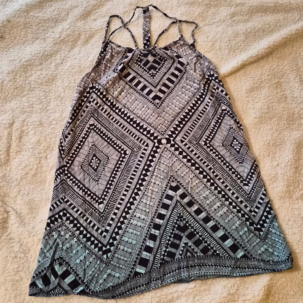Angie Geometric Tribal Print‎ Strappy Racerback Mini Dress Black Medium Boho